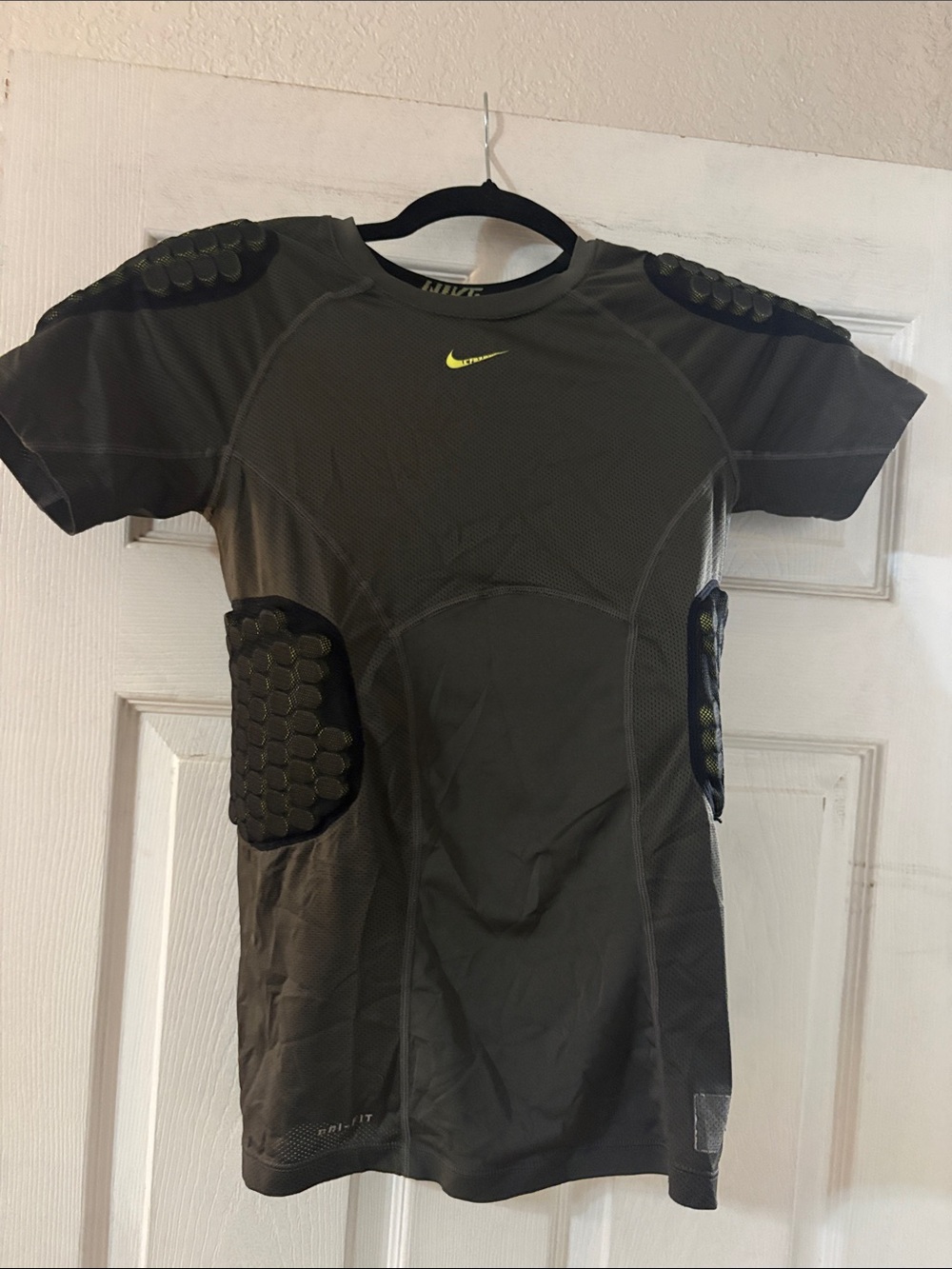 Nike Kids Olive Compression Shirt with Neon Yellow Swoosh